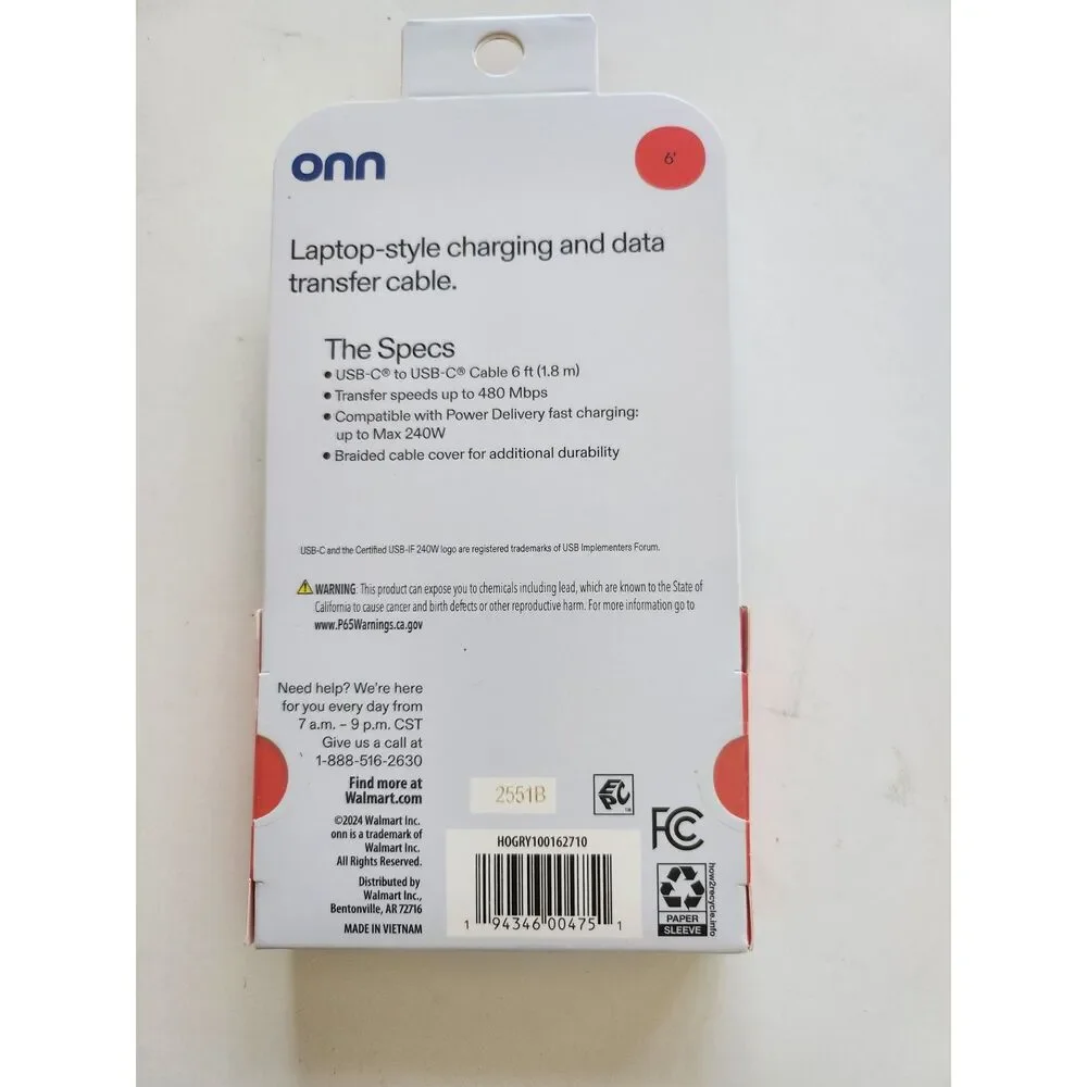 ONN 6-Foot USB-C to USB-C Cable for Fast Charging and Data Transfer, B24